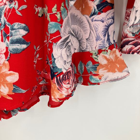 Entro Red Floral Lightweight Long Sleeve V-Neck Ruffle Hem Lined Shorts Romper - Picture 8 of 10